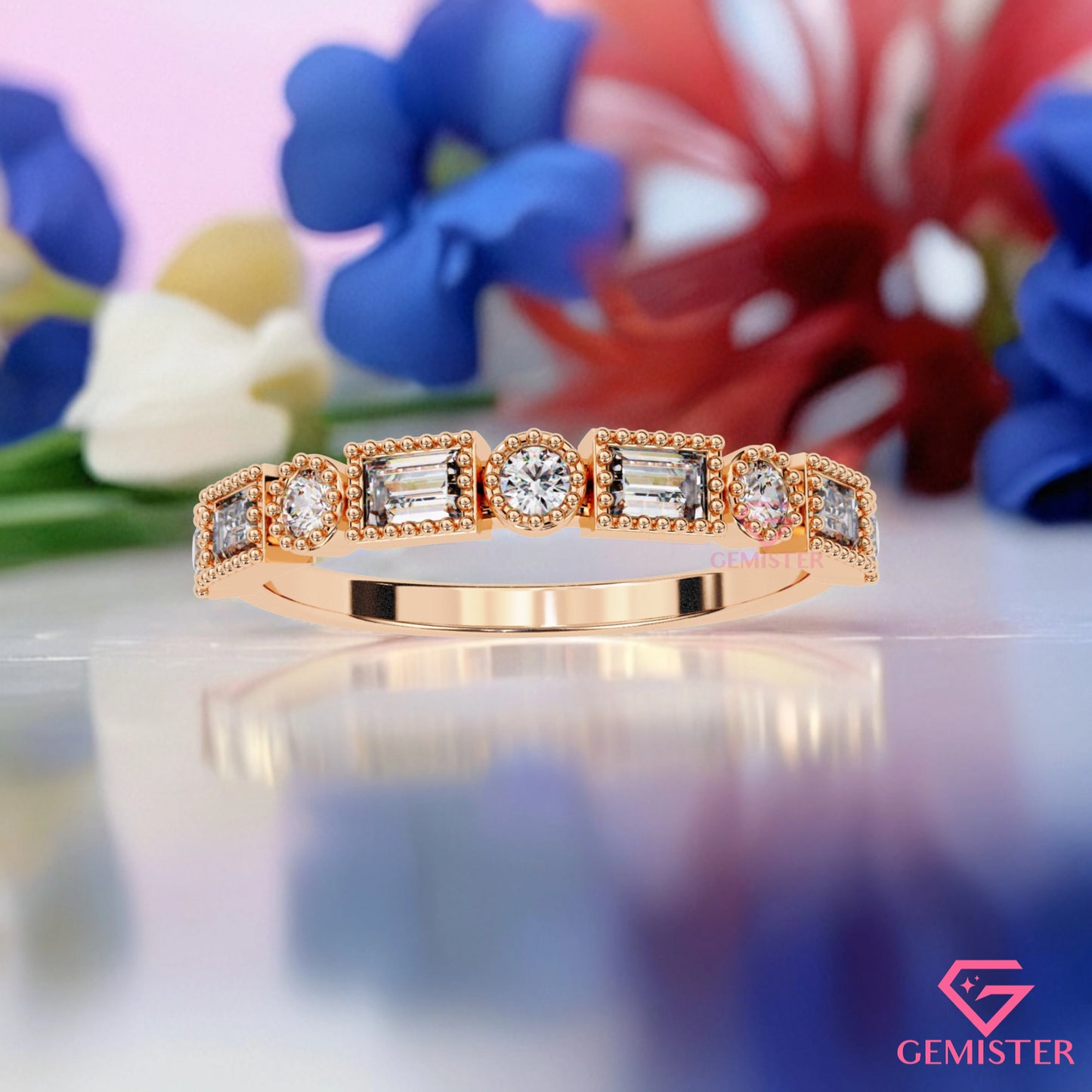 0.34 Ct Lab Grown Diamond Milgrain Band Ring – Round & Baguette Cut Stones, Vintage Inspired Wedding Band