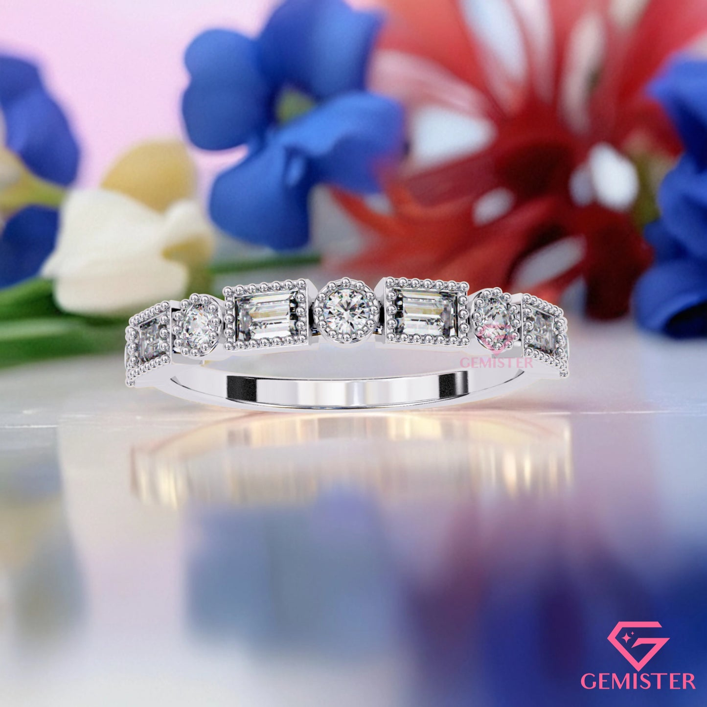 0.34 Ct Lab Grown Diamond Milgrain Band Ring – Round & Baguette Cut Stones, Vintage Inspired Wedding Band