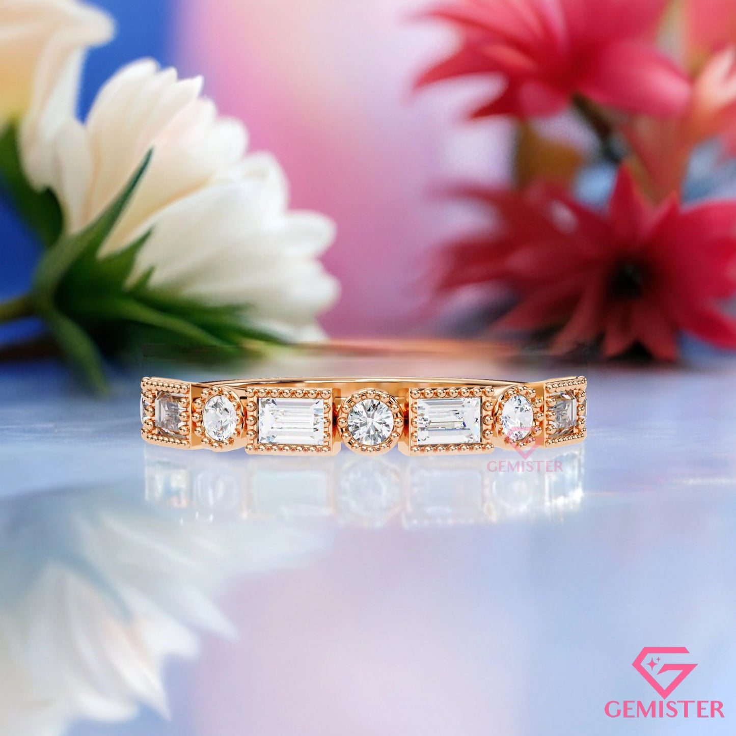 0.34 Ct Lab Grown Diamond Milgrain Band Ring – Round & Baguette Cut Stones, Vintage Inspired Wedding Band