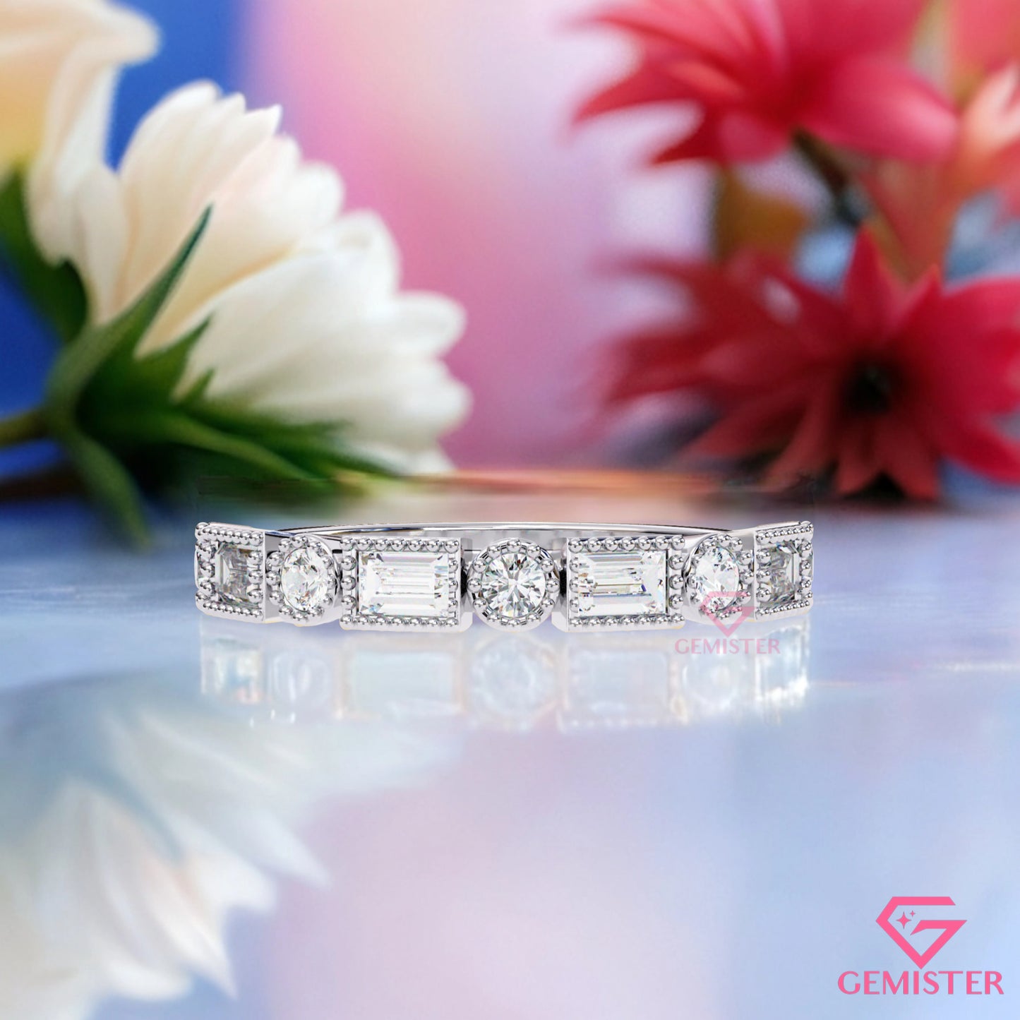 0.34 Ct Lab Grown Diamond Milgrain Band Ring – Round & Baguette Cut Stones, Vintage Inspired Wedding Band