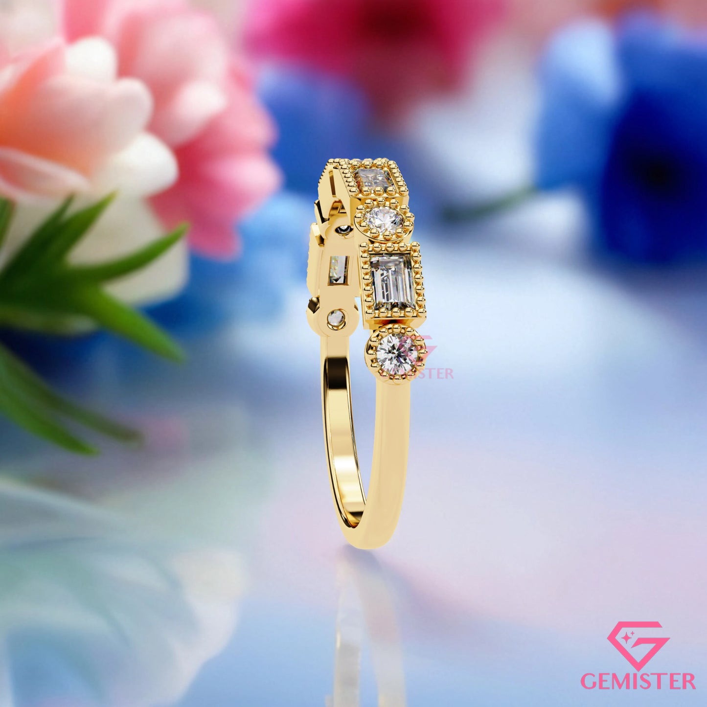 0.34 Ct Lab Grown Diamond Milgrain Band Ring – Round & Baguette Cut Stones, Vintage Inspired Wedding Band