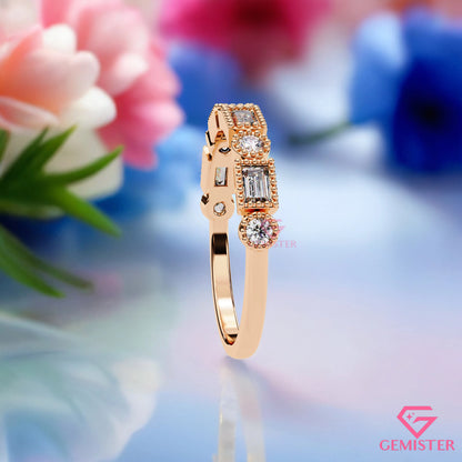 0.34 Ct Lab Grown Diamond Milgrain Band Ring – Round & Baguette Cut Stones, Vintage Inspired Wedding Band