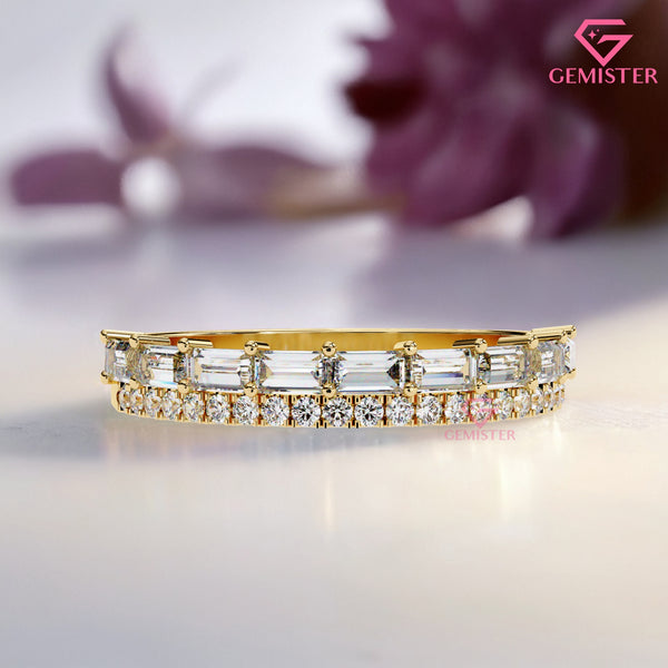 0.68 Ct Lab Grown Diamond Band – Round & Baguette Cut Stones, Vintage Inspired Wedding Band