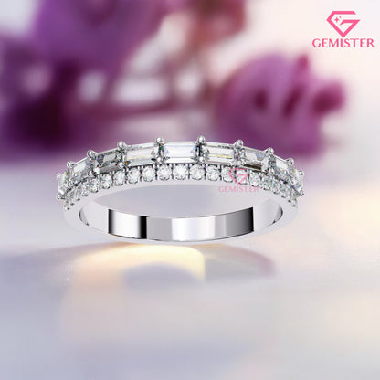 0.68 Ct Lab Grown Diamond Band – Round & Baguette Cut Stones, Vintage Inspired Wedding Band