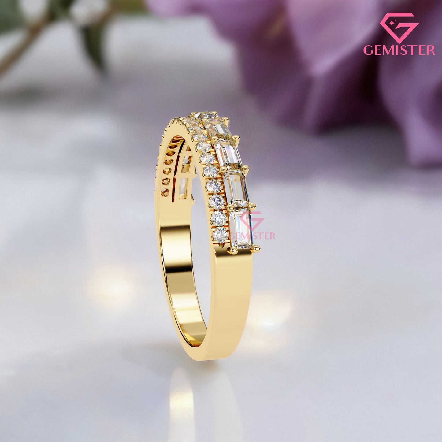 0.68 Ct Lab Grown Diamond Band – Round & Baguette Cut Stones, Vintage Inspired Wedding Band