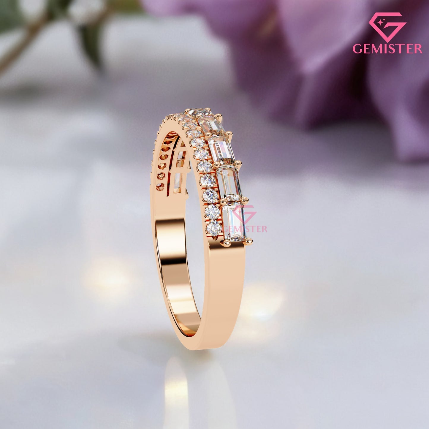 0.68 Ct Lab Grown Diamond Band – Round & Baguette Cut Stones, Vintage Inspired Wedding Band