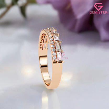 0.68 Ct Lab Grown Diamond Band – Round & Baguette Cut Stones, Vintage Inspired Wedding Band