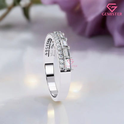 0.68 Ct Lab Grown Diamond Band – Round & Baguette Cut Stones, Vintage Inspired Wedding Band