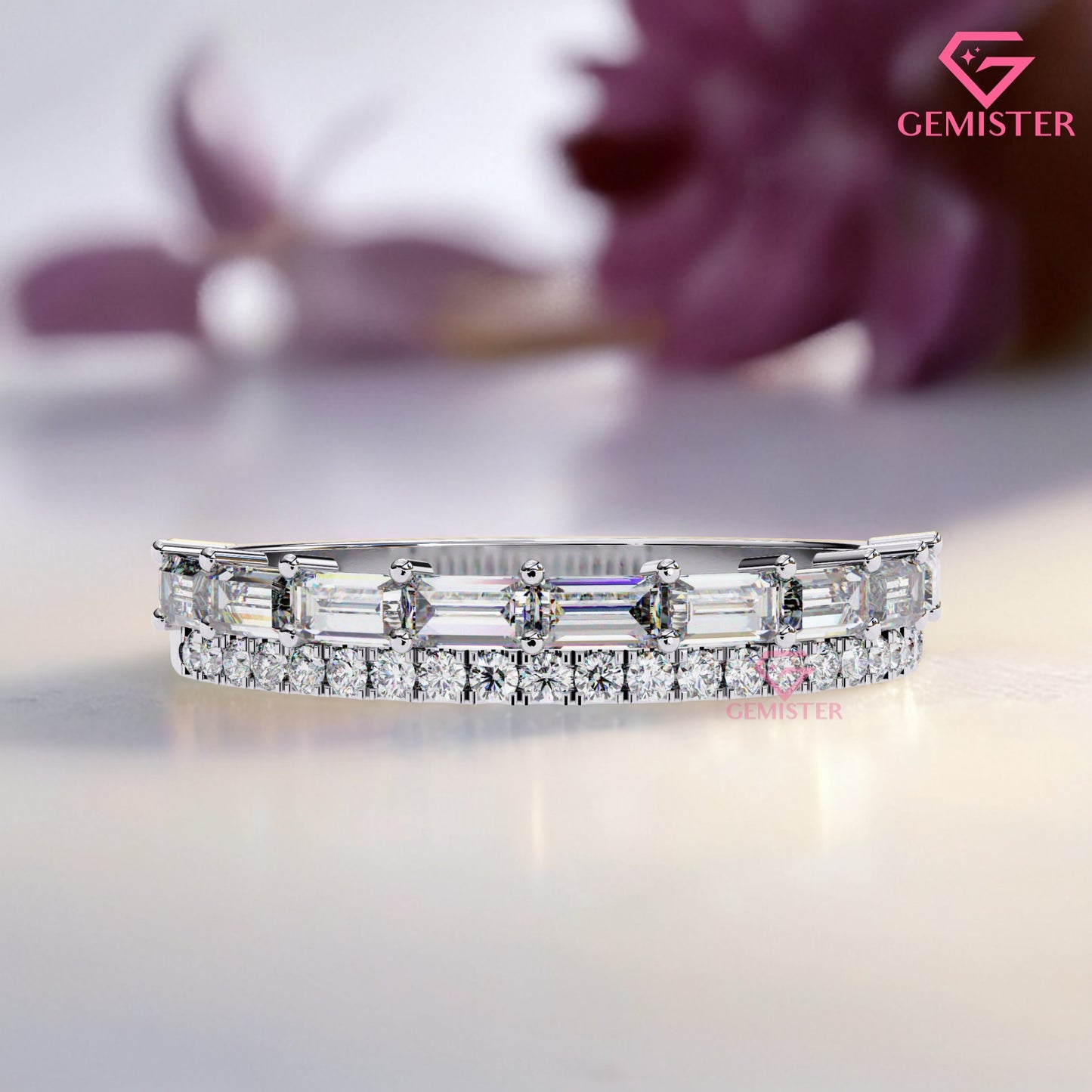 0.68 Ct Lab Grown Diamond Band – Round & Baguette Cut Stones, Vintage Inspired Wedding Band