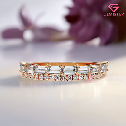 0.68 Ct Lab Grown Diamond Band – Round & Baguette Cut Stones, Vintage Inspired Wedding Band