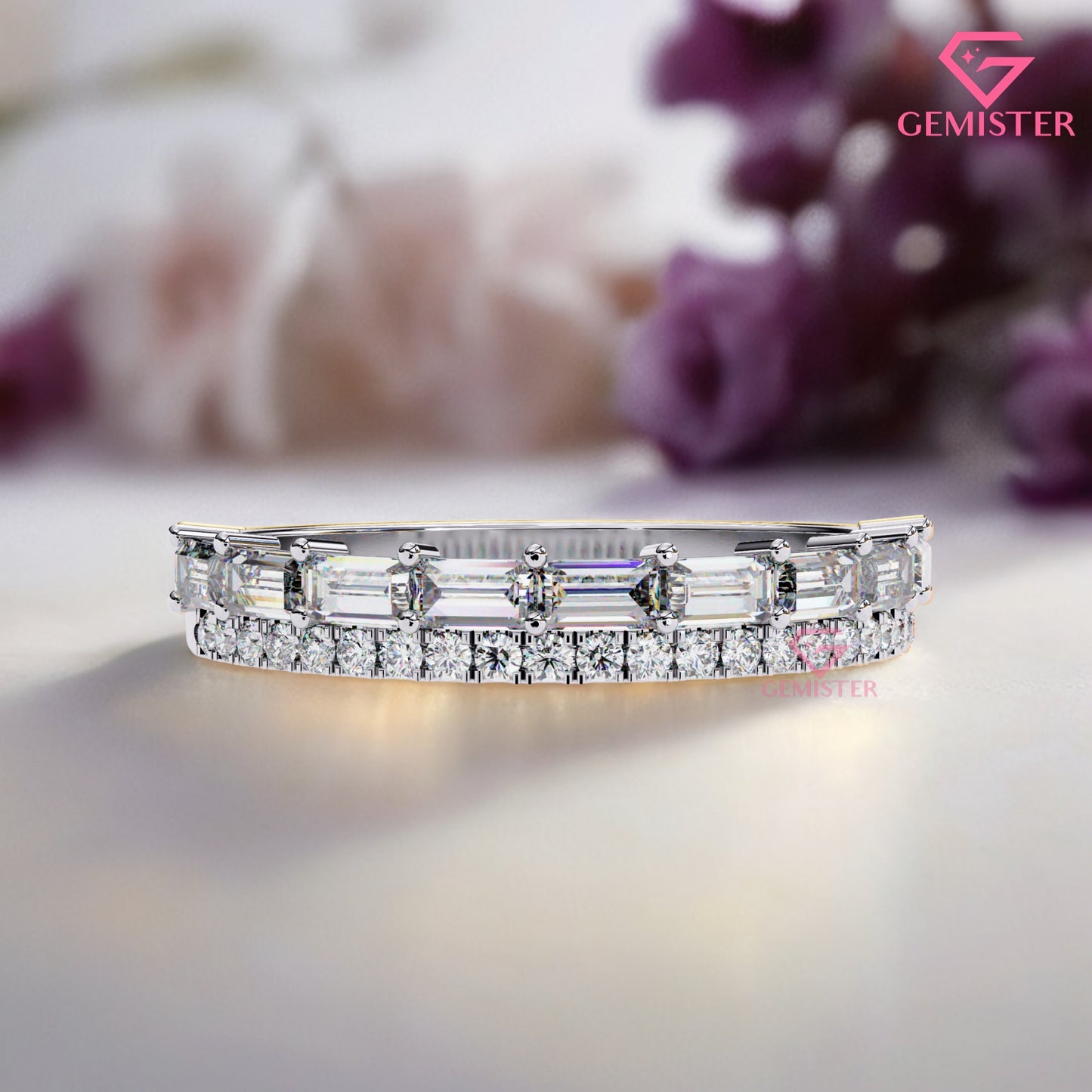 0.68 Ct Lab Grown Diamond Band – Round & Baguette Cut Stones, Vintage Inspired Wedding Band
