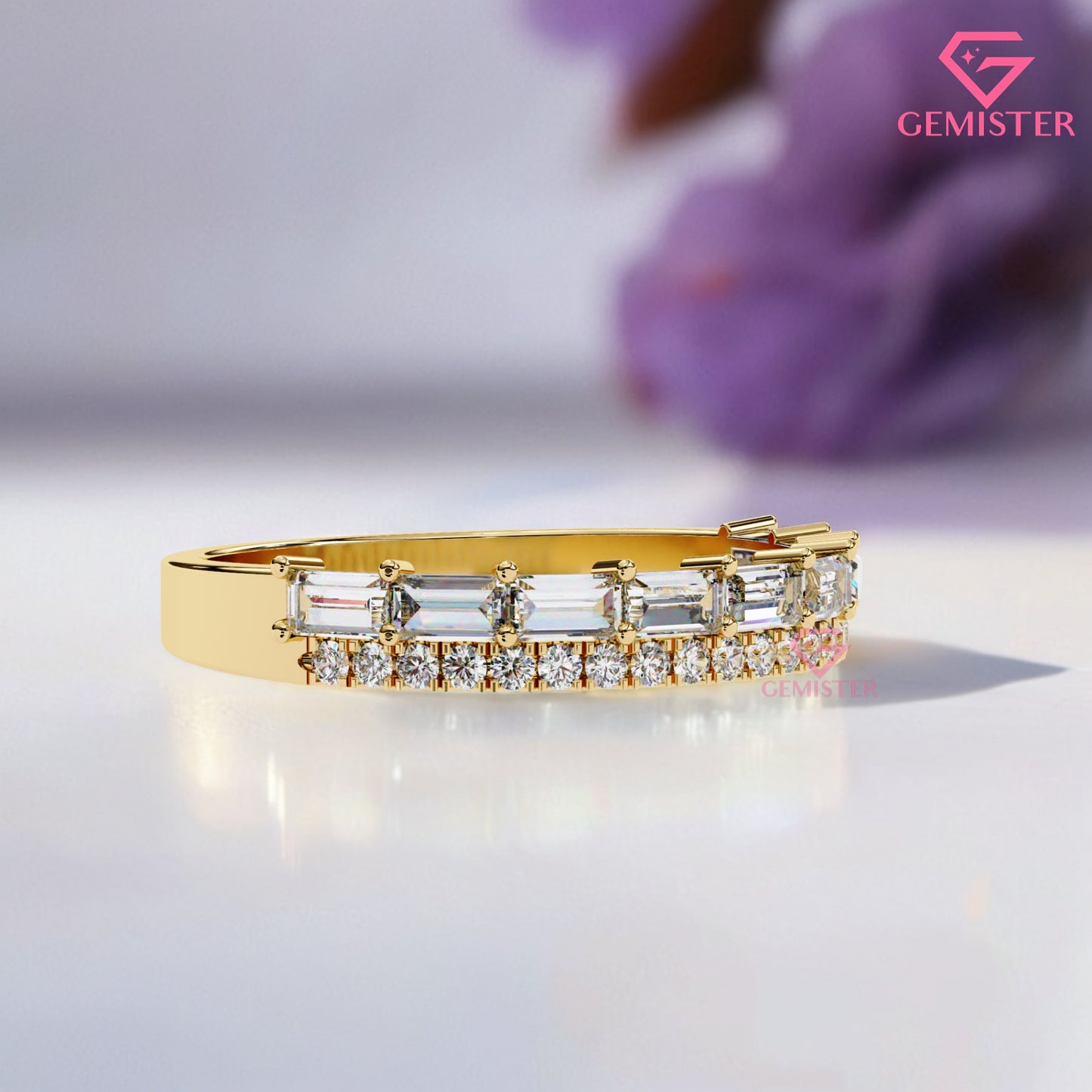 0.68 Ct Lab Grown Diamond Band – Round & Baguette Cut Stones, Vintage Inspired Wedding Band