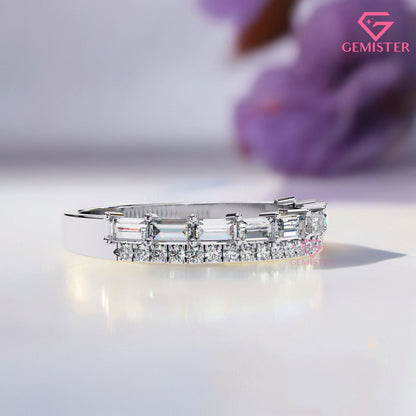 0.68 Ct Lab Grown Diamond Band – Round & Baguette Cut Stones, Vintage Inspired Wedding Band