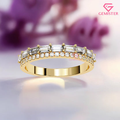 0.68 Ct Lab Grown Diamond Band – Round & Baguette Cut Stones, Vintage Inspired Wedding Band