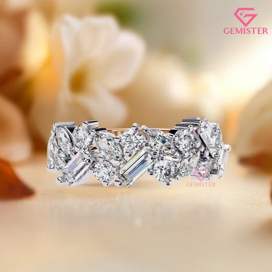 1.64 Ct Lab Grown Diamond Multi-Cut Cluster Band – Round, Marquise & Baguette Cut Ring, Elegant Wedding Band
