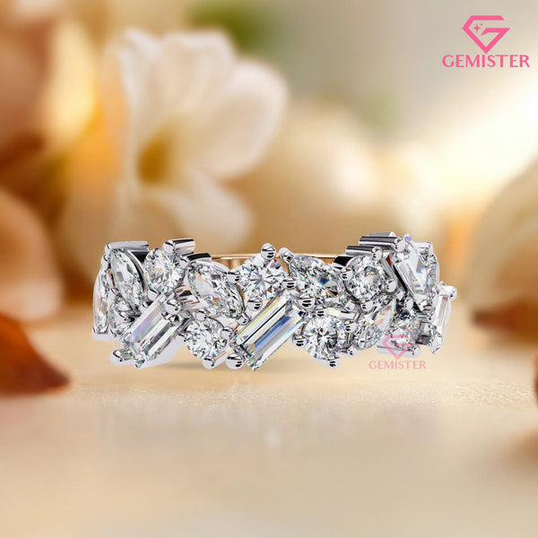 1.64 Ct Lab Grown Diamond Multi-Cut Cluster Band – Round, Marquise & Baguette Cut Ring, Elegant Wedding Band