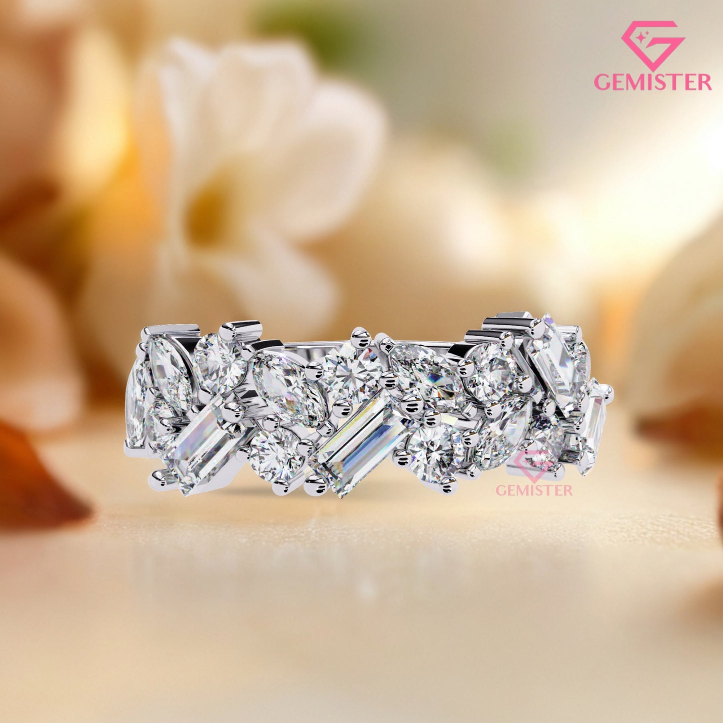 1.64 Ct Lab Grown Diamond Multi-Cut Cluster Band – Round, Marquise & Baguette Cut Ring, Elegant Wedding Band