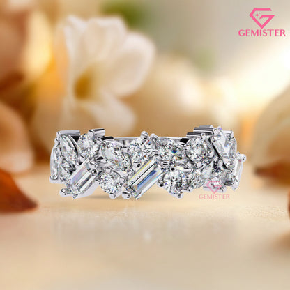 1.64 Ct Lab Grown Diamond Multi-Cut Cluster Band – Round, Marquise & Baguette Cut Ring, Elegant Wedding Band