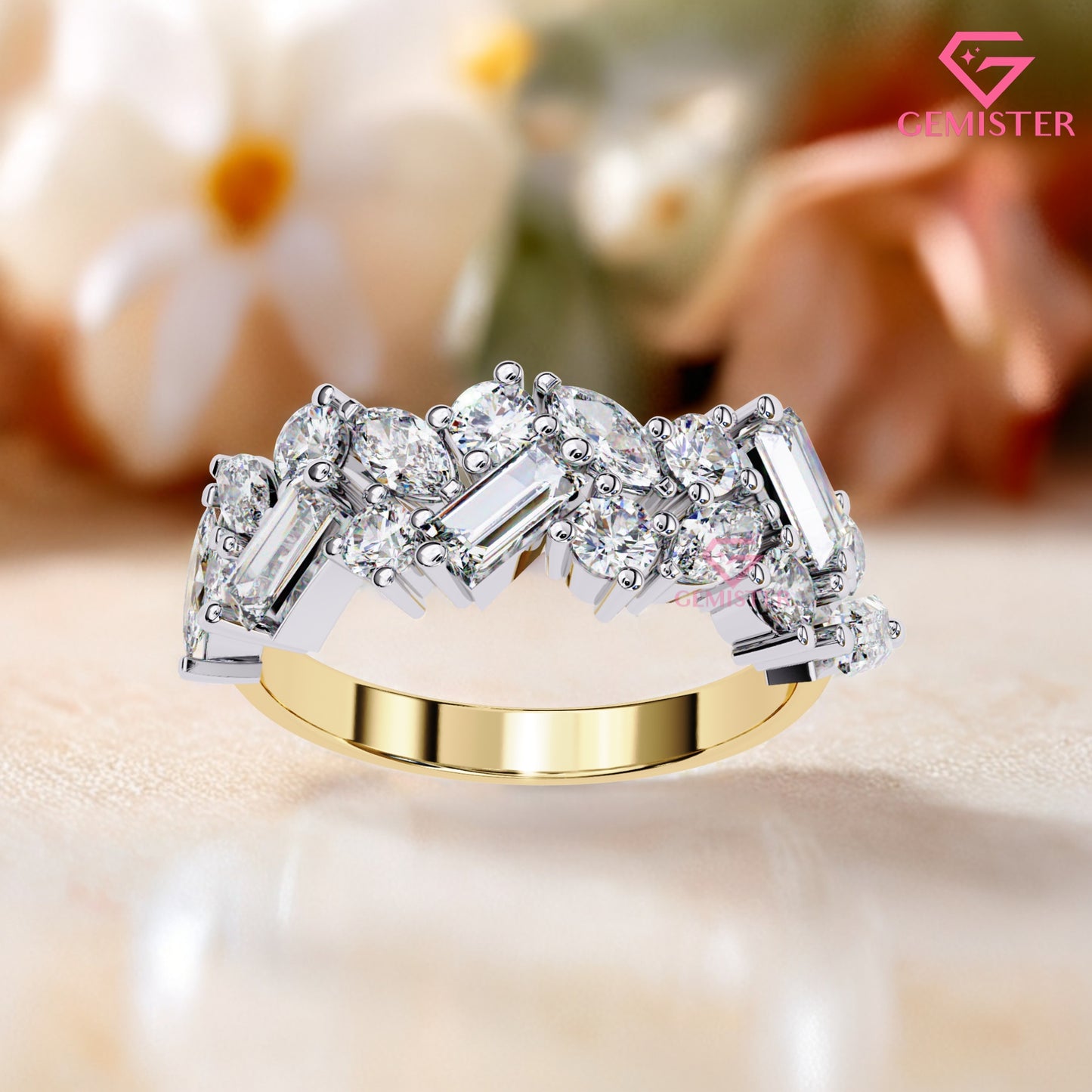 1.64 Ct Lab Grown Diamond Multi-Cut Cluster Band – Round, Marquise & Baguette Cut Ring, Elegant Wedding Band