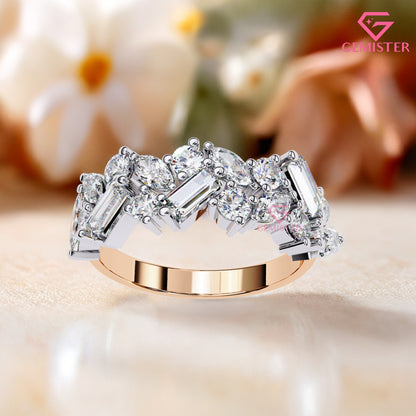 1.64 Ct Lab Grown Diamond Multi-Cut Cluster Band – Round, Marquise & Baguette Cut Ring, Elegant Wedding Band