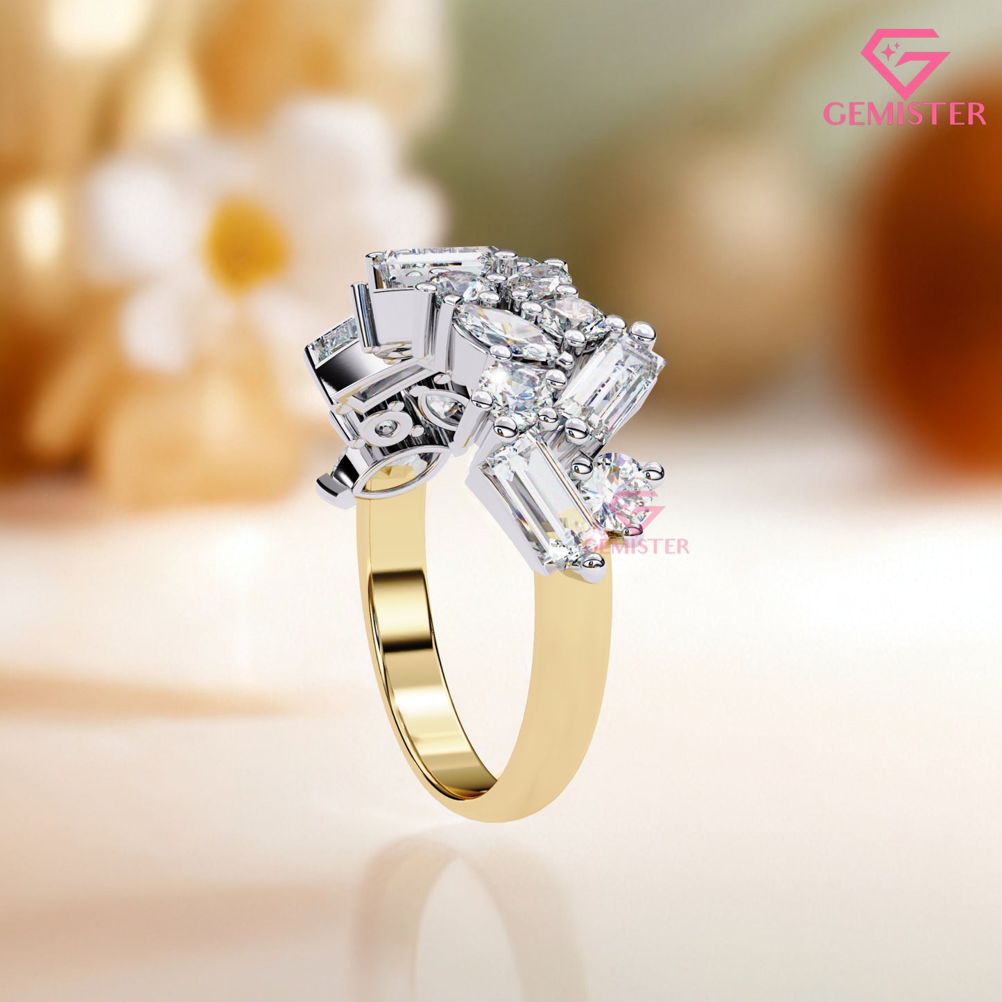 1.64 Ct Lab Grown Diamond Multi-Cut Cluster Band – Round, Marquise & Baguette Cut Ring, Elegant Wedding Band