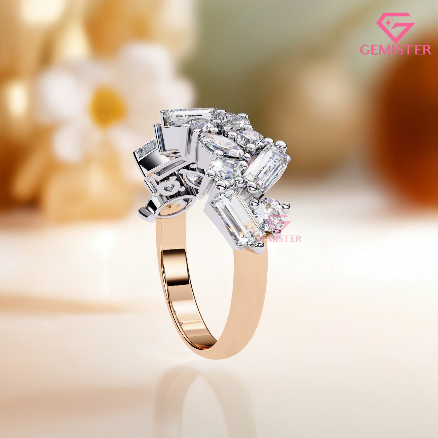 1.64 Ct Lab Grown Diamond Multi-Cut Cluster Band – Round, Marquise & Baguette Cut Ring, Elegant Wedding Band