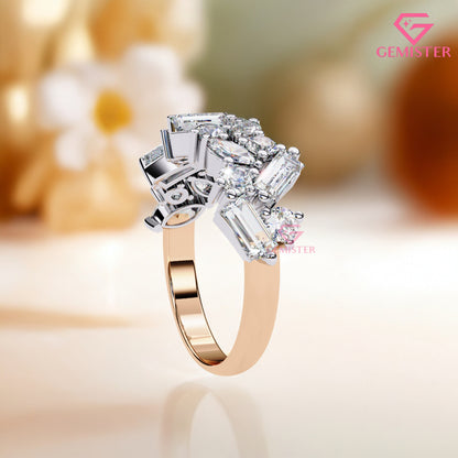 1.64 Ct Lab Grown Diamond Multi-Cut Cluster Band – Round, Marquise & Baguette Cut Ring, Elegant Wedding Band