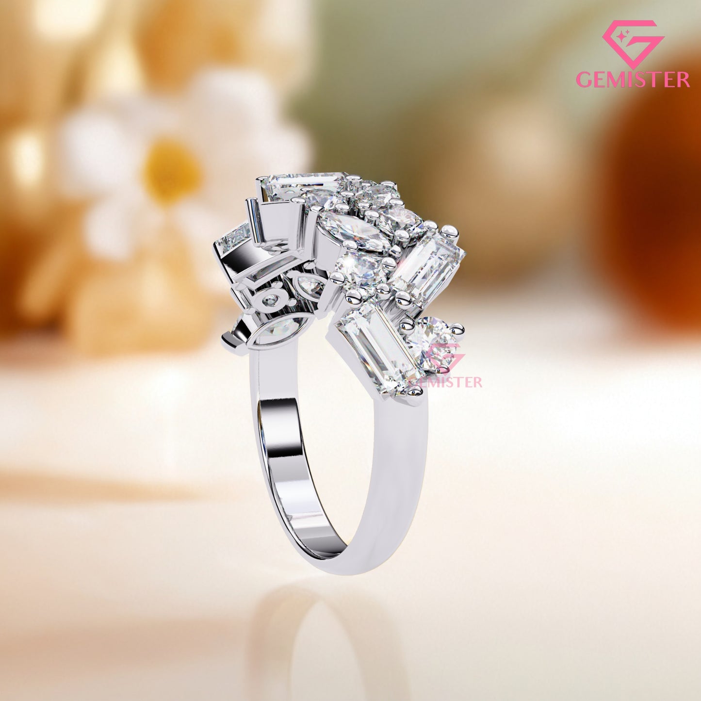 1.64 Ct Lab Grown Diamond Multi-Cut Cluster Band – Round, Marquise & Baguette Cut Ring, Elegant Wedding Band