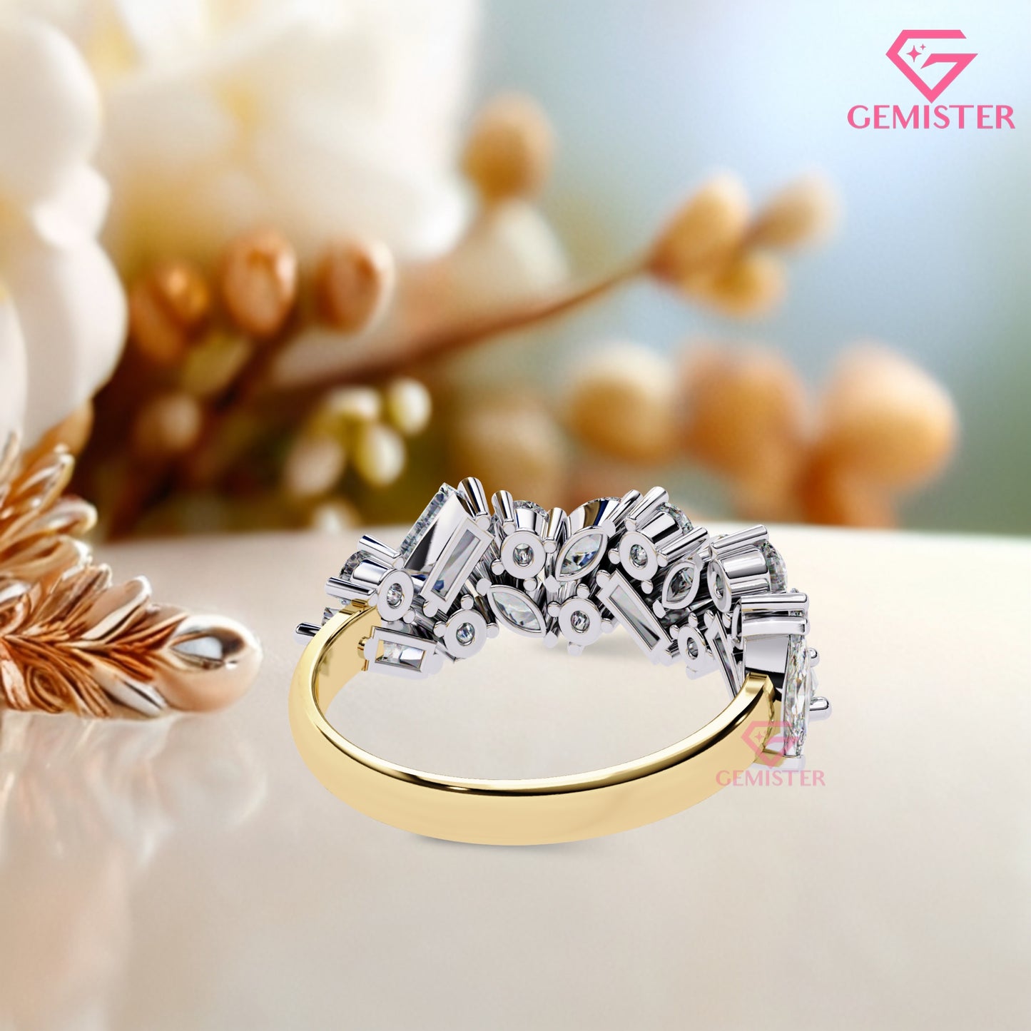 1.64 Ct Lab Grown Diamond Multi-Cut Cluster Band – Round, Marquise & Baguette Cut Ring, Elegant Wedding Band