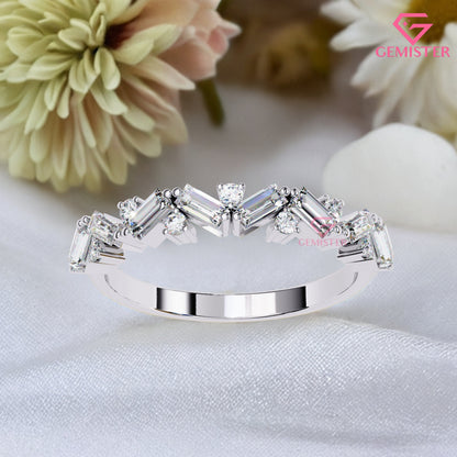 0.53 Ct Moissanite Baguette & Round Cut Band –  Modern  Wedding Band for Women