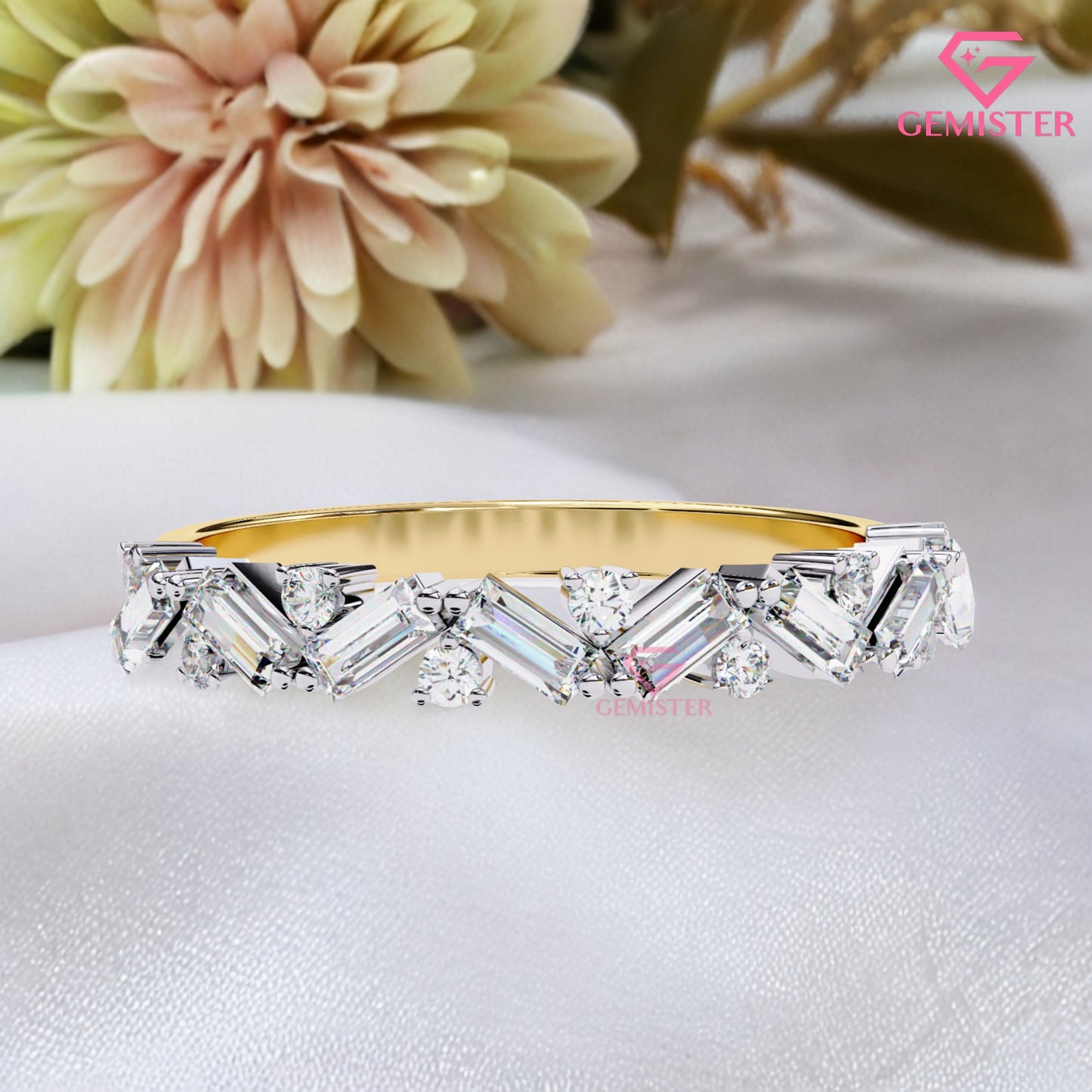 0.53 Ct Moissanite Baguette & Round Cut Band –  Modern  Wedding Band for Women