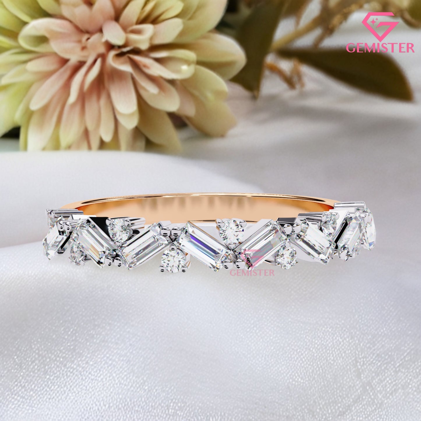 0.53 Ct Moissanite Baguette & Round Cut Band –  Modern  Wedding Band for Women