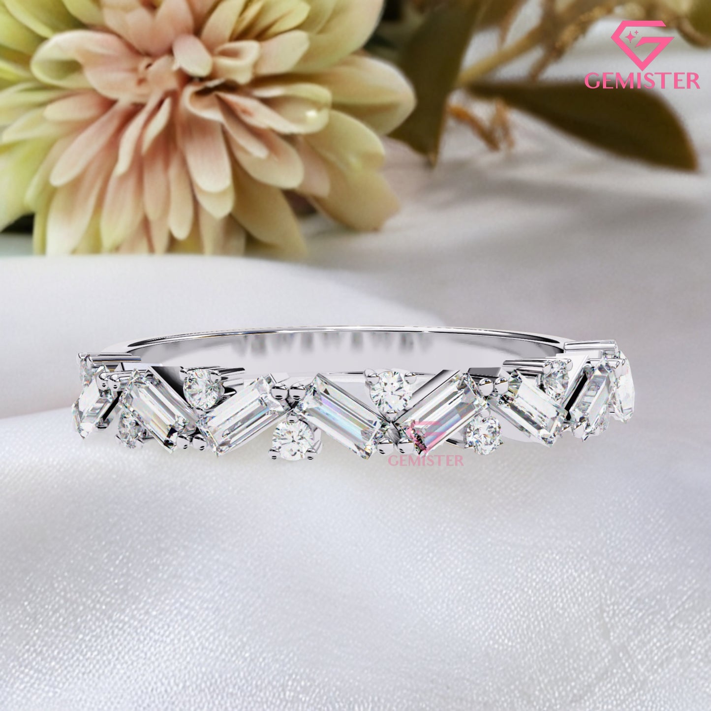 0.53 Ct Moissanite Baguette & Round Cut Band –  Modern  Wedding Band for Women