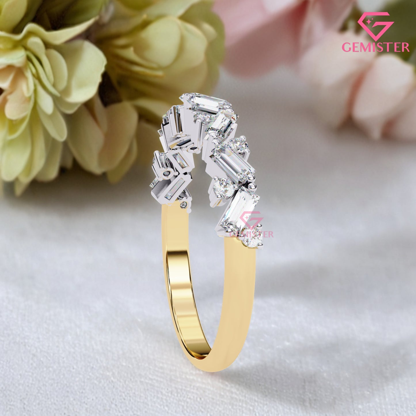 0.53 Ct Moissanite Baguette & Round Cut Band –  Modern  Wedding Band for Women