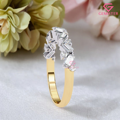 0.53 Ct Moissanite Baguette & Round Cut Band –  Modern  Wedding Band for Women