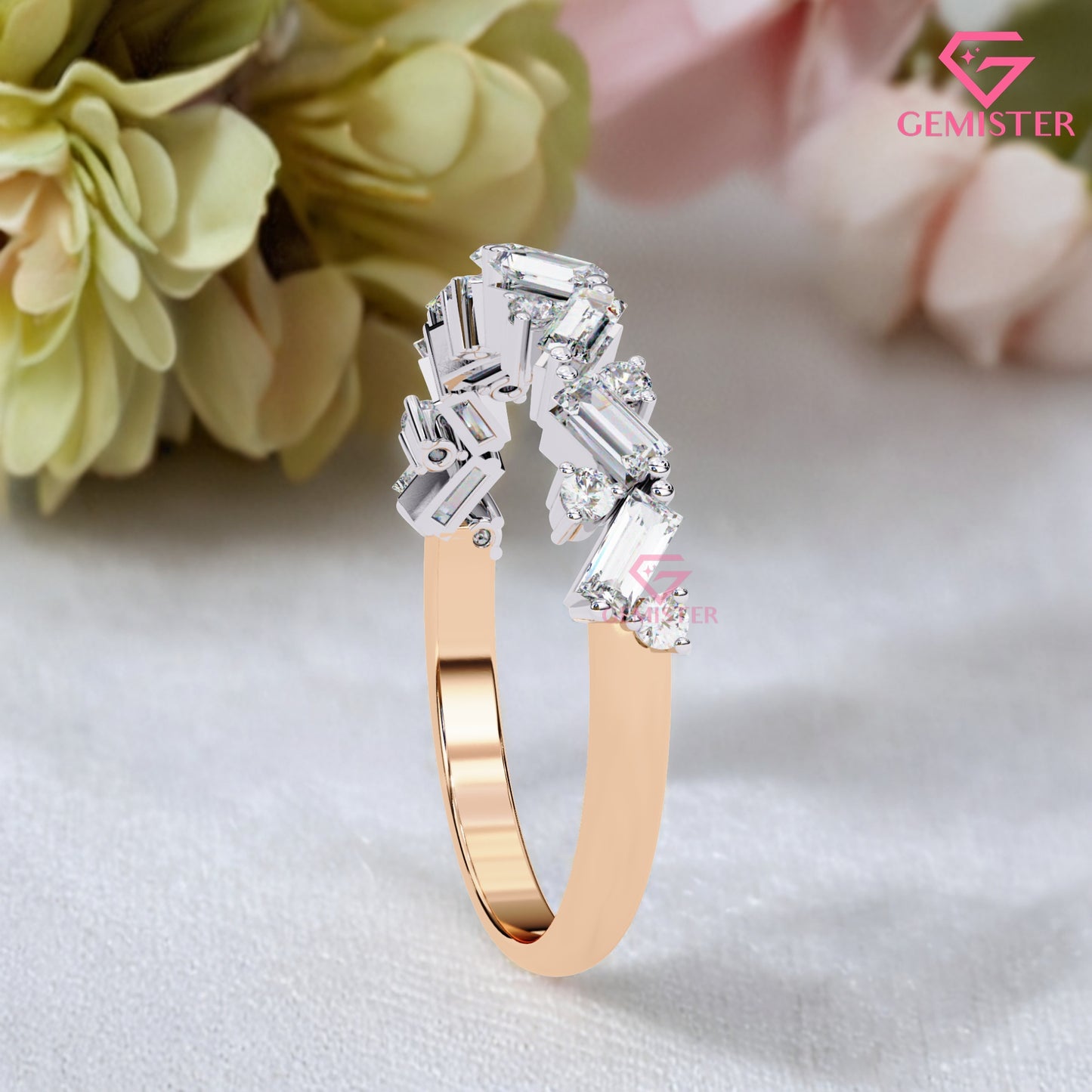 0.53 Ct Moissanite Baguette & Round Cut Band –  Modern  Wedding Band for Women