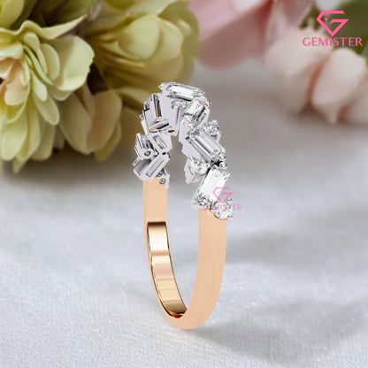 0.53 Ct Moissanite Baguette & Round Cut Band –  Modern  Wedding Band for Women