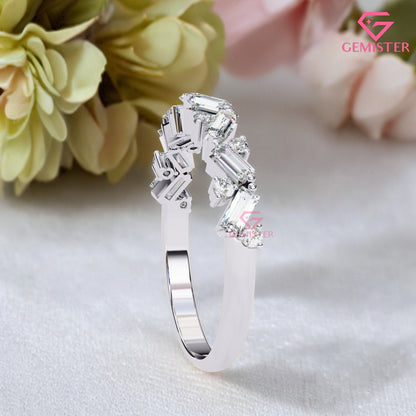 0.53 Ct Moissanite Baguette & Round Cut Band –  Modern  Wedding Band for Women