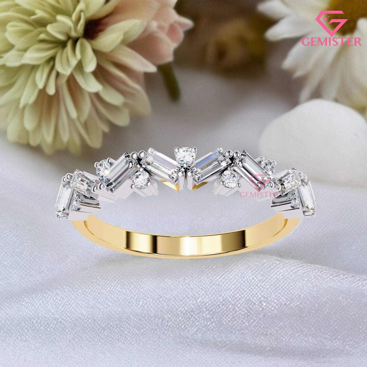 0.53 Ct Moissanite Baguette & Round Cut Band –  Modern  Wedding Band for Women