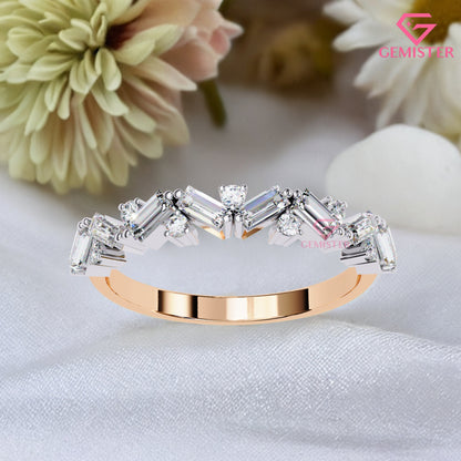 0.53 Ct Moissanite Baguette & Round Cut Band –  Modern  Wedding Band for Women