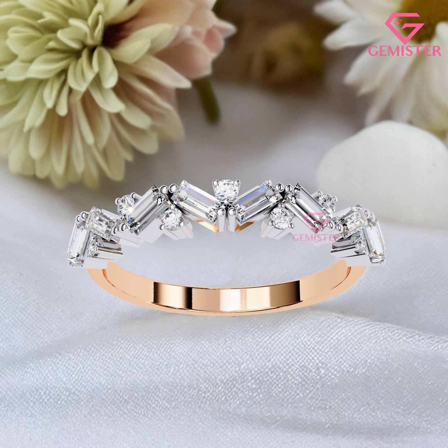 0.53 Ct Moissanite Baguette & Round Cut Band –  Modern  Wedding Band for Women