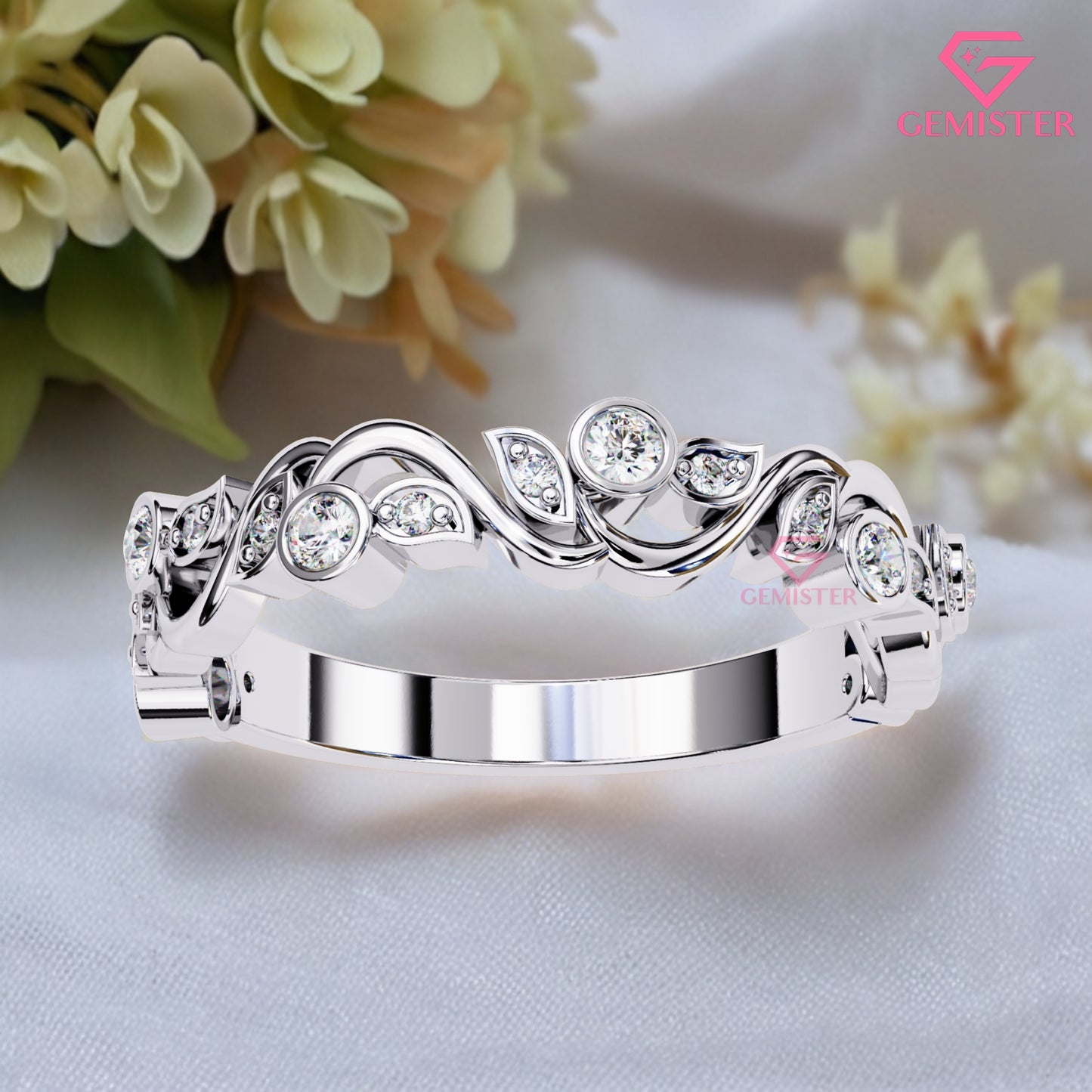 0.18 Ct Lab Grown Diamond Accent Vintage Band –  Unique Ring with Bezel & Leaf Design, Elegant Anniversary Band for Women