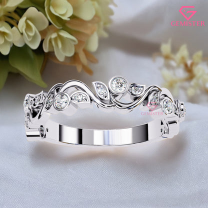 0.18 Ct Lab Grown Diamond Accent Vintage Band –  Unique Ring with Bezel & Leaf Design, Elegant Anniversary Band for Women