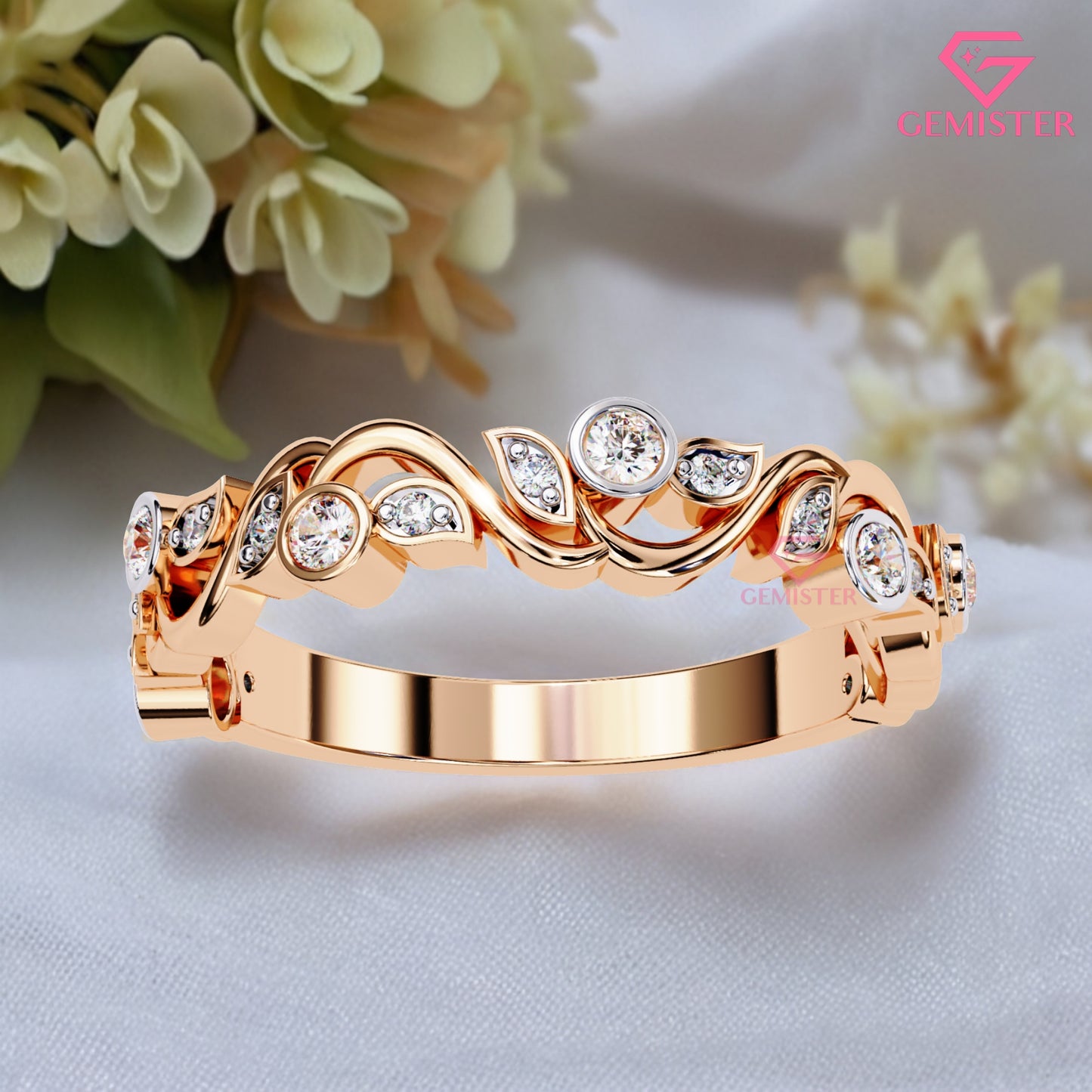 0.18 Ct Lab Grown Diamond Accent Vintage Band –  Unique Ring with Bezel & Leaf Design, Elegant Anniversary Band for Women