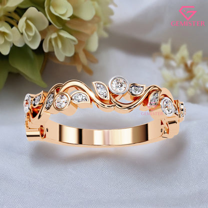 0.18 Ct Lab Grown Diamond Accent Vintage Band –  Unique Ring with Bezel & Leaf Design, Elegant Anniversary Band for Women