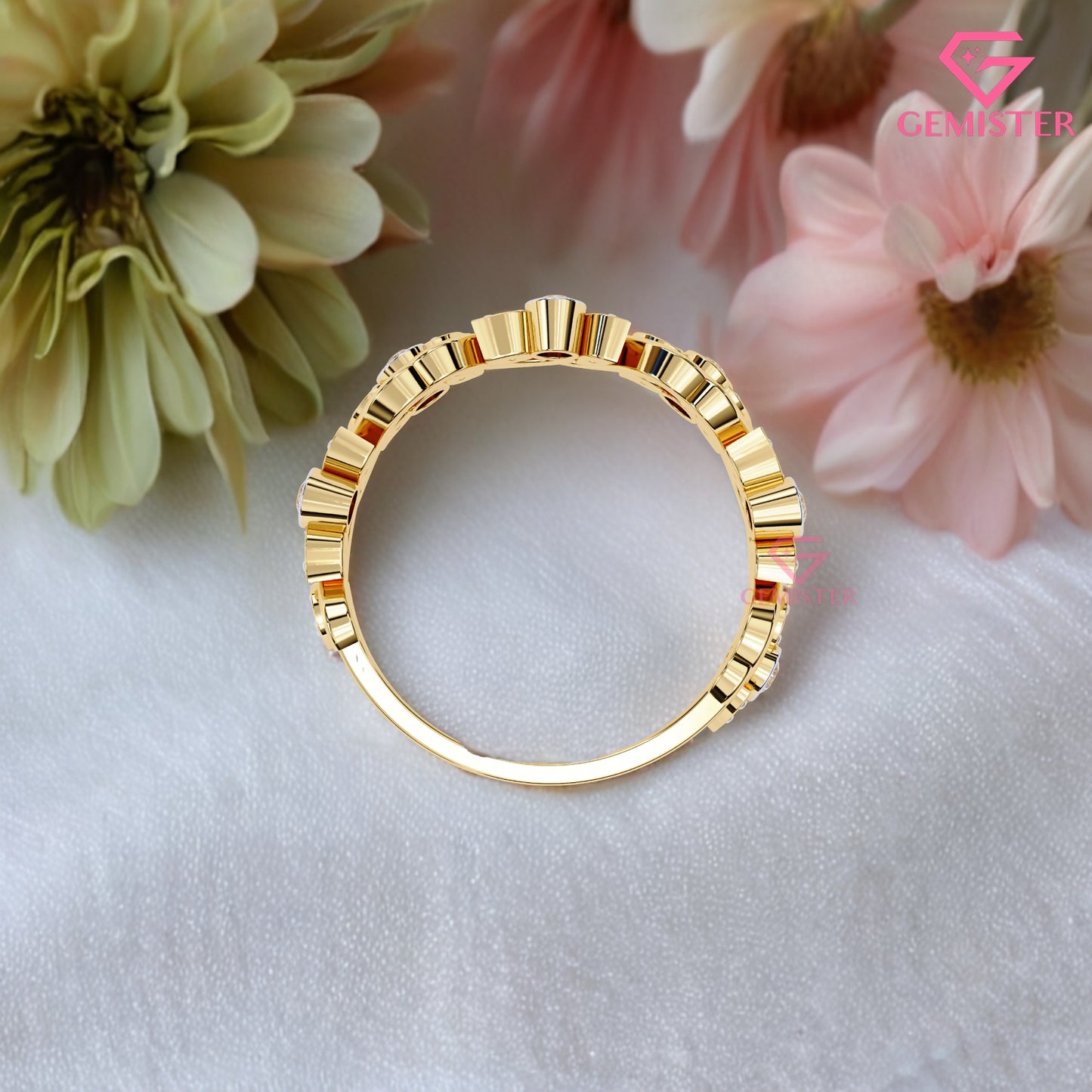 0.18 Ct Lab Grown Diamond Accent Vintage Band –  Unique Ring with Bezel & Leaf Design, Elegant Anniversary Band for Women