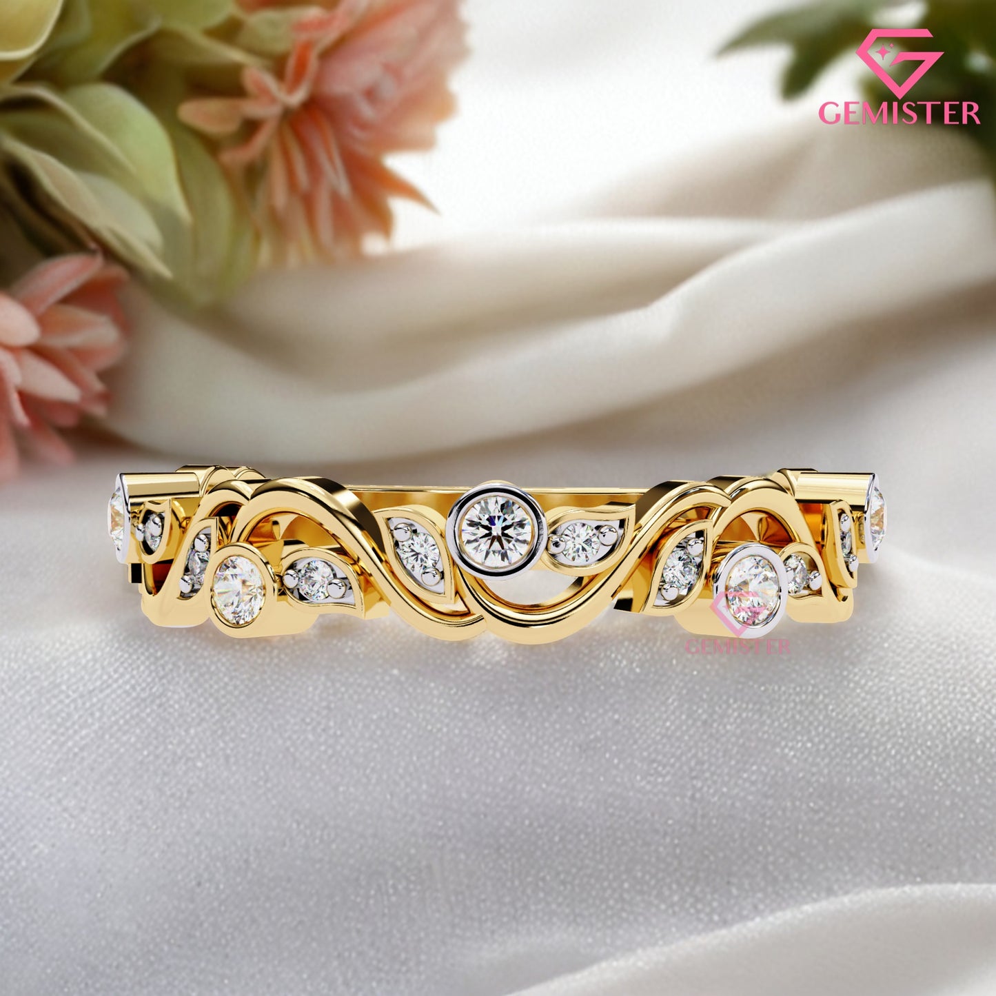 0.18 Ct Lab Grown Diamond Accent Vintage Band –  Unique Ring with Bezel & Leaf Design, Elegant Anniversary Band for Women