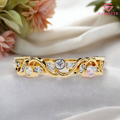 0.18 Ct Lab Grown Diamond Accent Vintage Band –  Unique Ring with Bezel & Leaf Design, Elegant Anniversary Band for Women