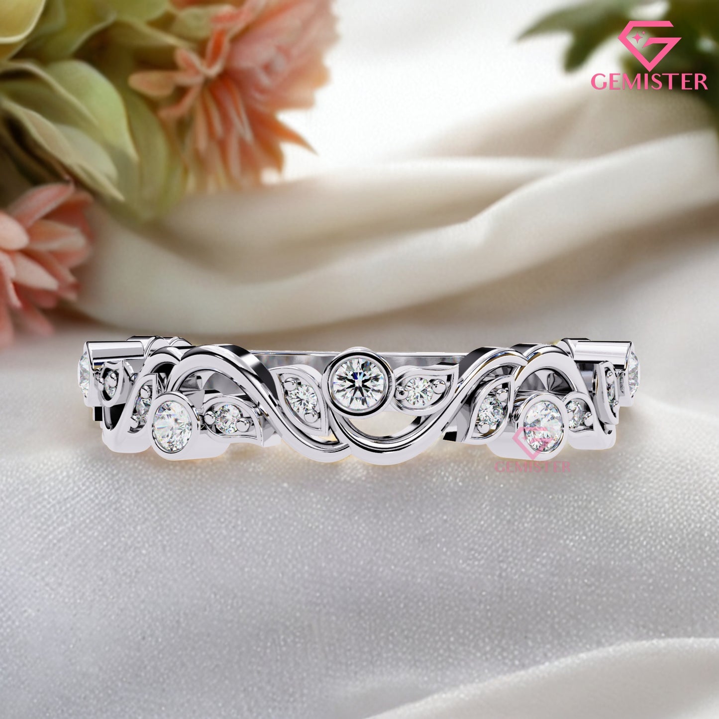 0.18 Ct Lab Grown Diamond Accent Vintage Band –  Unique Ring with Bezel & Leaf Design, Elegant Anniversary Band for Women