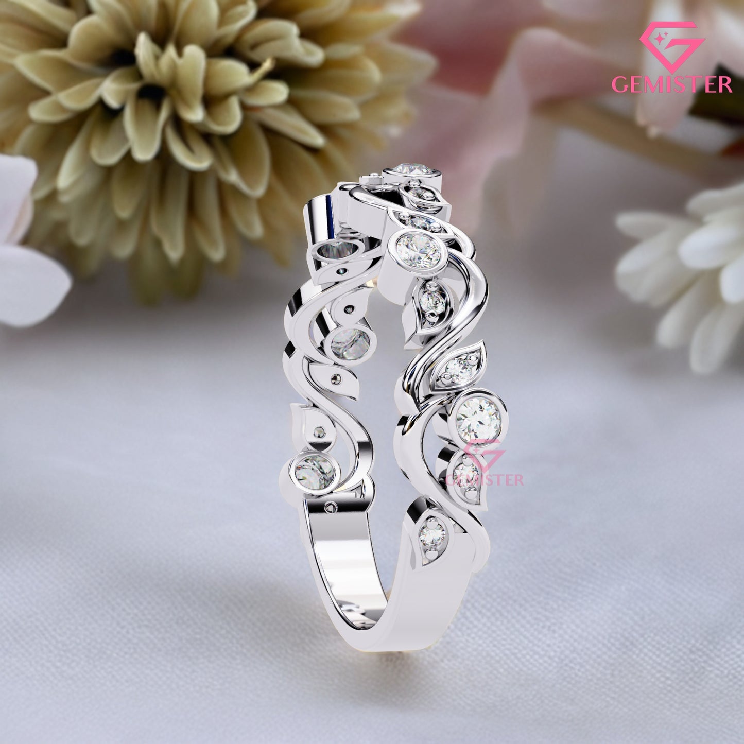 0.18 Ct Lab Grown Diamond Accent Vintage Band –  Unique Ring with Bezel & Leaf Design, Elegant Anniversary Band for Women